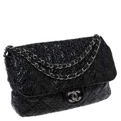 Pre Owned Chanel Black Camellia Embossed Patent Leather Jumbo Classic Single Flap Bag