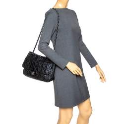 Pre Owned Chanel Black Camellia Embossed Patent Leather Jumbo Classic Single Flap Bag