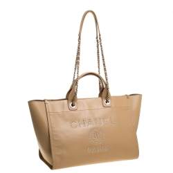 Pre Owned Chanel Beige Leather Large Studded Logo Deauville Tote 