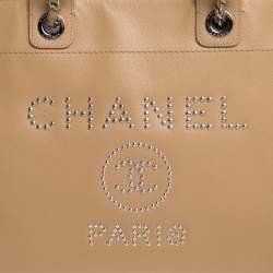Pre Owned Chanel Beige Leather Large Studded Logo Deauville Tote 