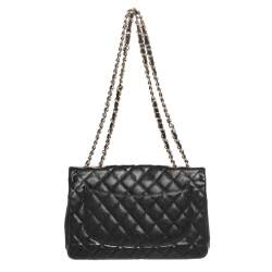 Pre Owned Chanel Black Quilted Caviar Leather Jumbo Classic Single Flap Bag