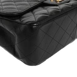 Pre Owned Chanel Black Quilted Caviar Leather Jumbo Classic Single Flap Bag