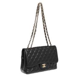 Pre Owned Chanel Black Quilted Caviar Leather Jumbo Classic Single Flap Bag