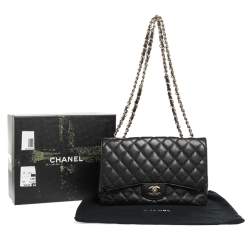 Pre Owned Chanel Black Quilted Caviar Leather Jumbo Classic Single Flap Bag