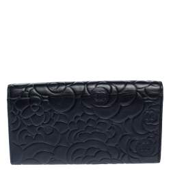 Chanel Black Camellia Embossed Leather Flap Wallet