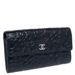 Chanel Black Camellia Embossed Leather Flap Wallet