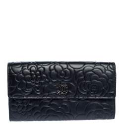 Chanel Black Camellia Embossed Leather Flap Wallet