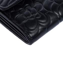Chanel Black Camellia Embossed Leather Flap Wallet
