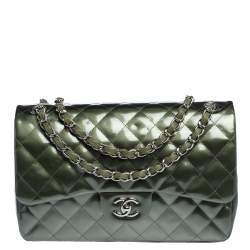 Chanel Green Quilted Patent Leather Jumbo Classic Double Flap Bag Chanel