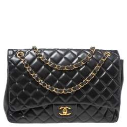 مملوكة مسبقًا حقيبة شانيل "ماكسي كلاسيك" قلاب واحد جلد مبطنة سوداء