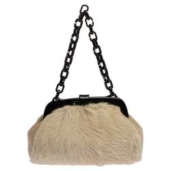 مملوكة مسبقًا حقيبة شانيل No. 5 إطار جلد وفرو بيج فاتحة