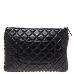 Pre Owned Chanel Black Quilted Leather O Case Chain Trim Clutch