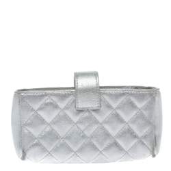 Pre Owned Chanel Metallic Silver Quilted Leather CC Phone Holder Pouch