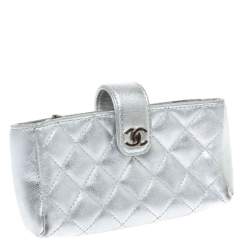Pre Owned Chanel Metallic Silver Quilted Leather CC Phone Holder Pouch