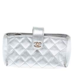 Pre Owned Chanel Metallic Silver Quilted Leather CC Phone Holder Pouch