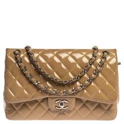 Chanel Beige Quilted Patent Leather Jumbo Classic Double Flap Bag