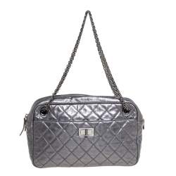Chanel Metallic Gun Metal Quilted Leather Reissue 2.55 Camera Bag