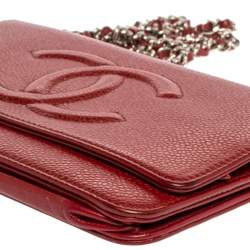 Chanel Red Caviar Leather CC Timeless Wallet On Chain