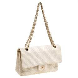 مملوكة مسبقًا Chanel Off White/Gold Quilted Tweed Medium Classic Double Flap Bag