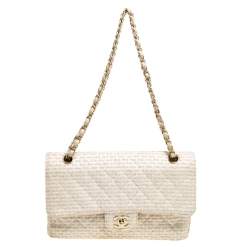 Chanel Off White/Gold Quilted Tweed Medium Classic Double Flap
