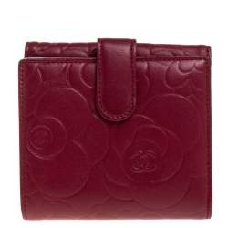 Chanel Red Leather Camellia Embossed French Wallet