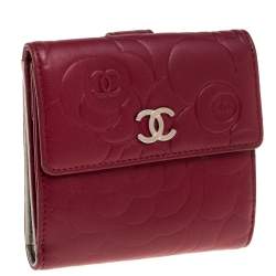 Chanel Red Leather Camellia Embossed French Wallet
