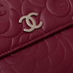 Chanel Red Leather Camellia Embossed French Wallet