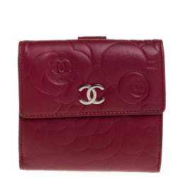 Chanel Red Leather Camellia Embossed French Wallet