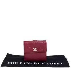 Chanel Red Leather Camellia Embossed French Wallet