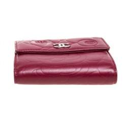 Chanel Red Leather Camellia Embossed French Wallet