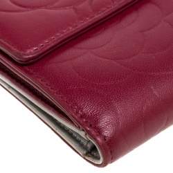 Chanel Red Leather Camellia Embossed French Wallet
