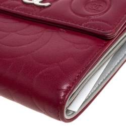 Chanel Red Leather Camellia Embossed French Wallet