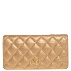 Chanel Metallic Gold Quilted Caviar Leather CC Yen Wallet