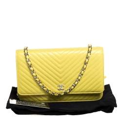 Chanel Yellow Chevron Leather Wallet on Chain
