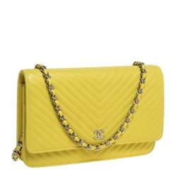 Chanel Yellow Chevron Leather Wallet on Chain