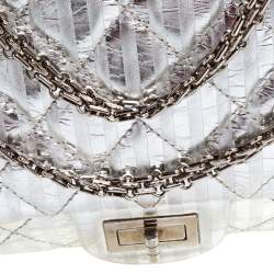 Pre Owned Chanel Silver Striped Quilted Leather Reissue 2.55 Classic 227 Flap Bag