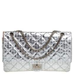 Pre Owned Chanel Silver Striped Quilted Leather Reissue 2.55 Classic 227 Flap Bag