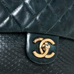 Pre Owned Chanel Dark Green Quilted Leather and Python Urban Mix Flap Bag