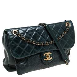 Pre Owned Chanel Dark Green Quilted Leather and Python Urban Mix Flap Bag