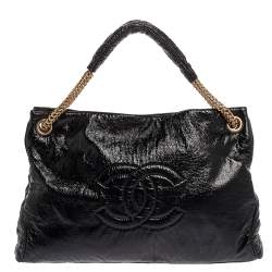 Chanel Black Crinkled Soft Patent Leather CC Chain Hobo 