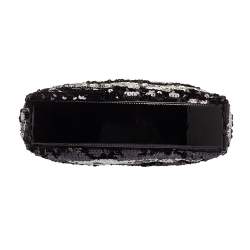 Pre Owned حقيبة يد شانيل "ريشيو" صغيرة جلد لامع و ترتر مخطط رصاصي و أسود