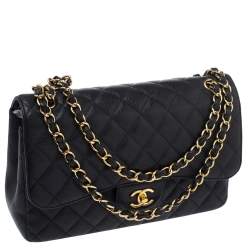 Pre Owned Chanel Black Quilted Caviar Leather Jumbo Classic Double Flap Bag