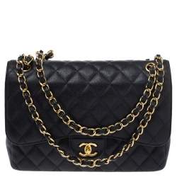 Pre Owned Chanel Black Quilted Caviar Leather Jumbo Classic Double Flap Bag