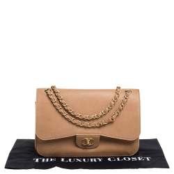 Pre Owned Chanel Tan Caviar Leather Jumbo Classic Double Flap Bag