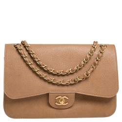 Pre Owned Chanel Tan Caviar Leather Jumbo Classic Double Flap Bag