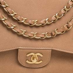 Pre Owned Chanel Tan Caviar Leather Jumbo Classic Double Flap Bag