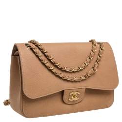 Pre Owned Chanel Tan Caviar Leather Jumbo Classic Double Flap Bag