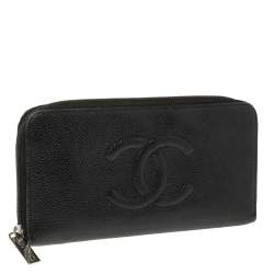 Pre Owned Chanel Black Leather Timeless CC Zip Around Wallet