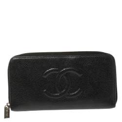Pre Owned Chanel Black Leather Timeless CC Zip Around Wallet