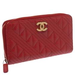 مم لوكة مسبقًا Chanel Red Caviar Leather CC Zip-Around Wallet